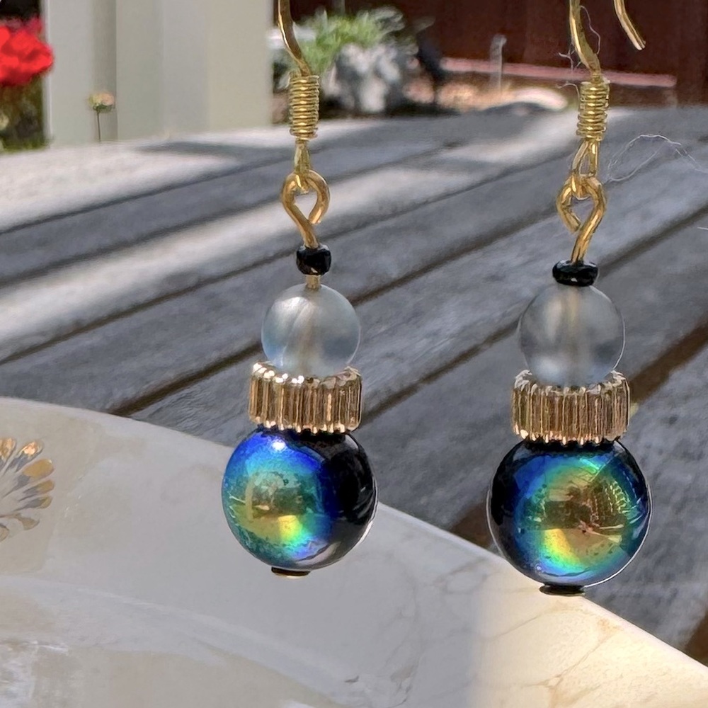 Iridescent Black Glass & Mermaid Glass Drop Earrings